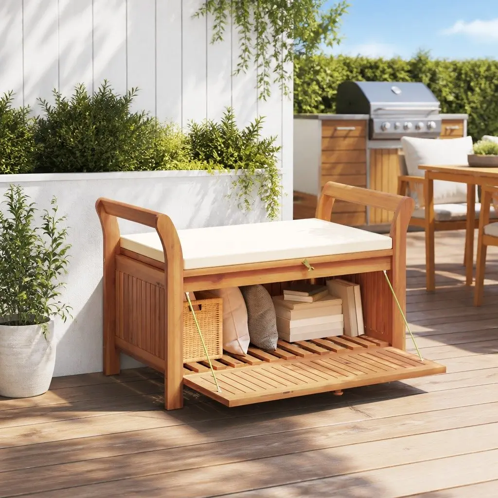 Garden Storage Bench Brown 126cm Solid Acacia Wood Outdoor Seating with Cushion