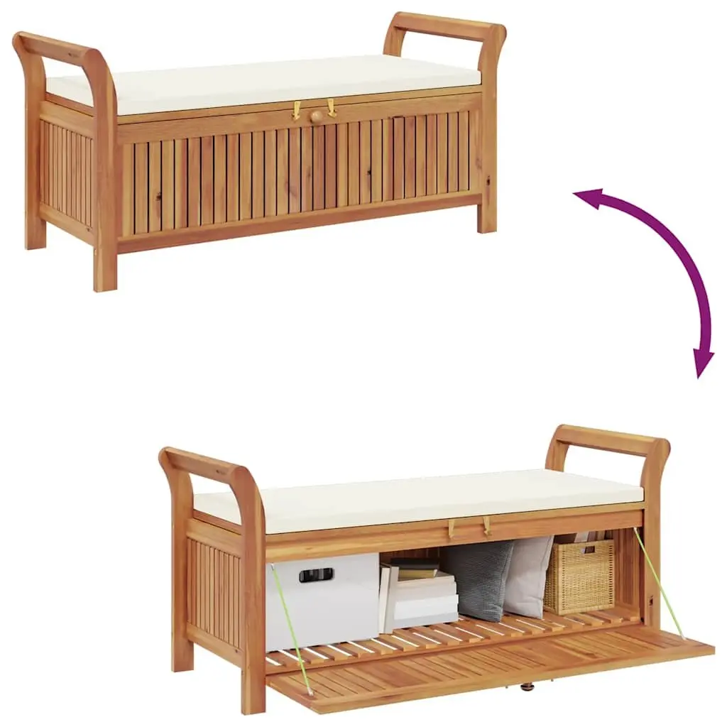 Garden Storage Bench Brown 126cm Solid Acacia Wood Outdoor Seating with Cushion