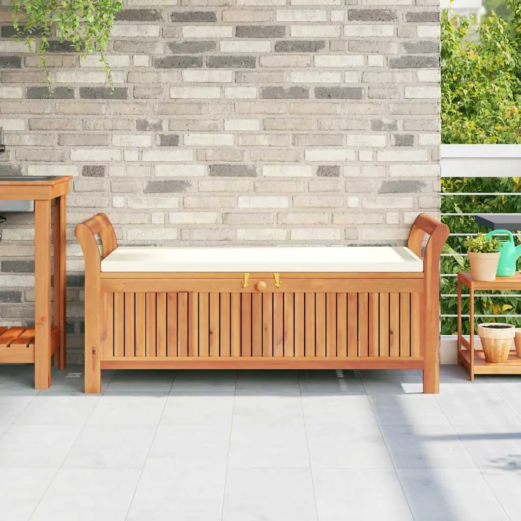 Garden Storage Bench Brown 126cm Solid Acacia Wood Outdoor Seating with Cushion