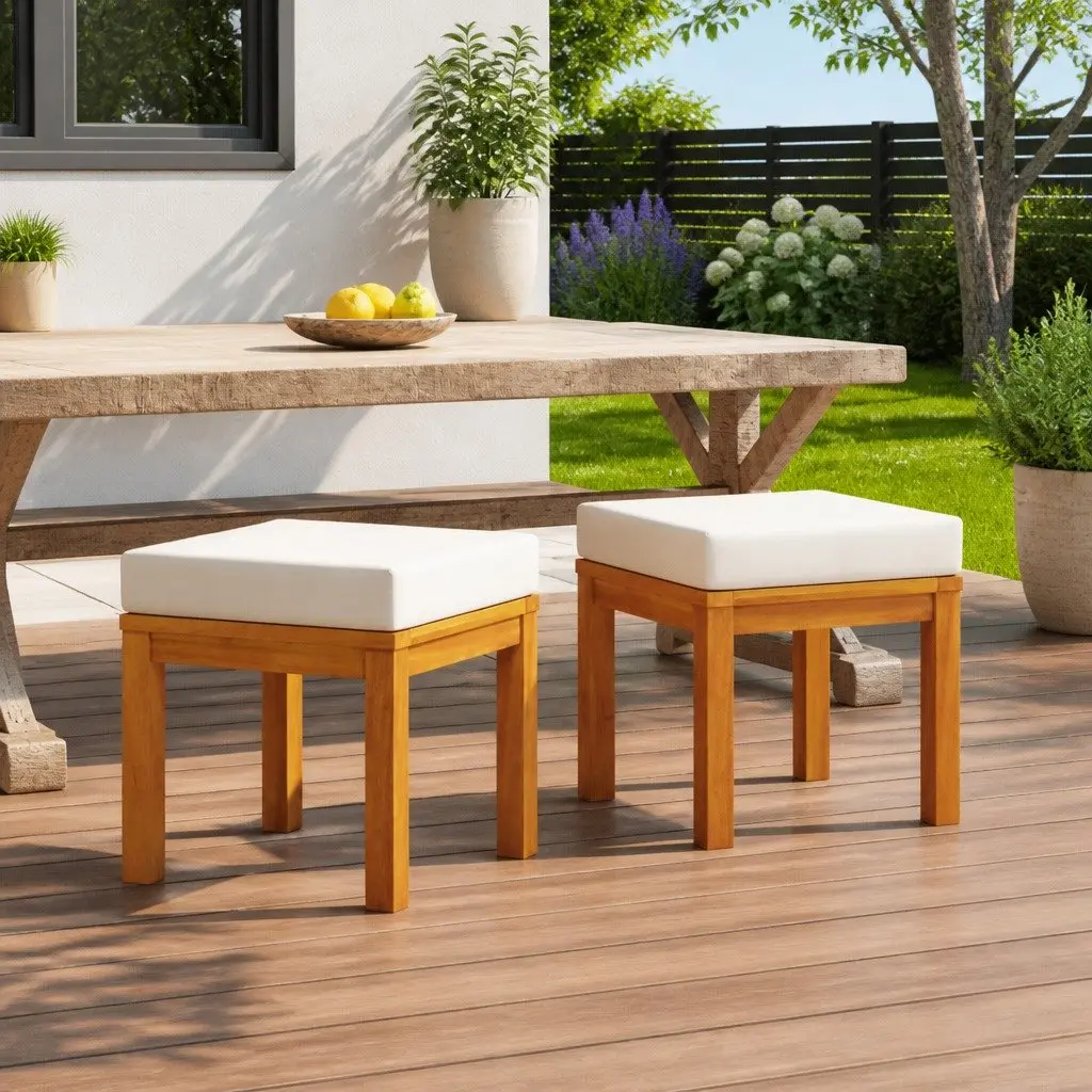 Garden Stools Cream 2 Piece Acacia Wood Frame with Soft Cushions