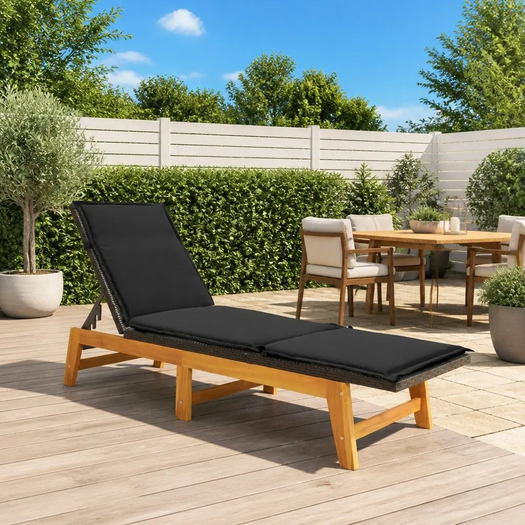Sun Lounger Black Adjustable Backrest Thickly Padded with Integrated Side Table Poly Rattan Acacia Wood Outdoor Patio Garden