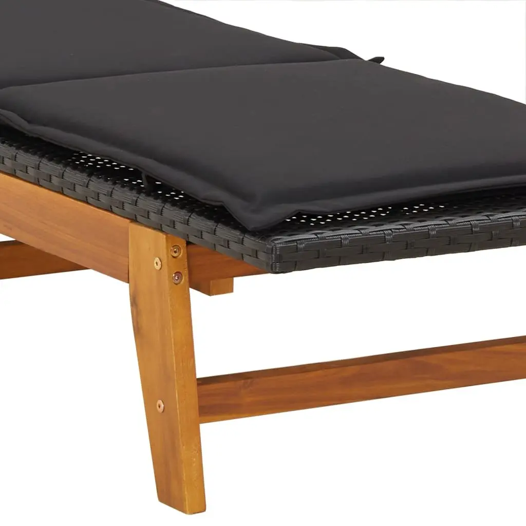 Sun Lounger Black Adjustable Backrest Thickly Padded with Integrated Side Table Poly Rattan Acacia Wood Outdoor Patio Garden