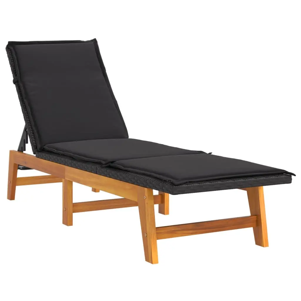 Sun Lounger Black Adjustable Backrest Thickly Padded with Integrated Side Table Poly Rattan Acacia Wood Outdoor Patio Garden