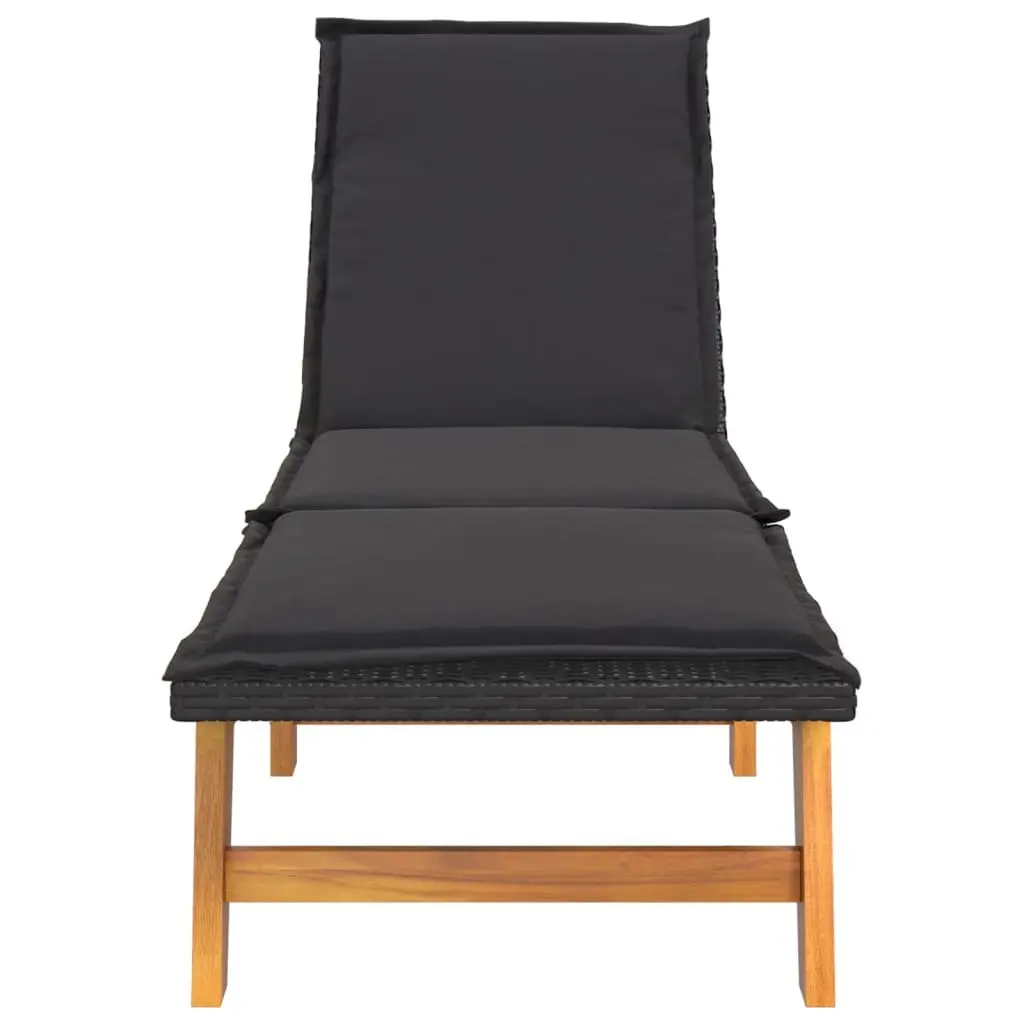 Sun Lounger Black Adjustable Backrest Thickly Padded with Integrated Side Table Poly Rattan Acacia Wood Outdoor Patio Garden