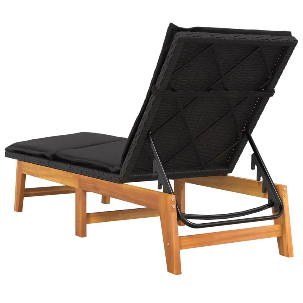 Sun Lounger Black Adjustable Backrest Thickly Padded with Integrated Side Table Poly Rattan Acacia Wood Outdoor Patio Garden
