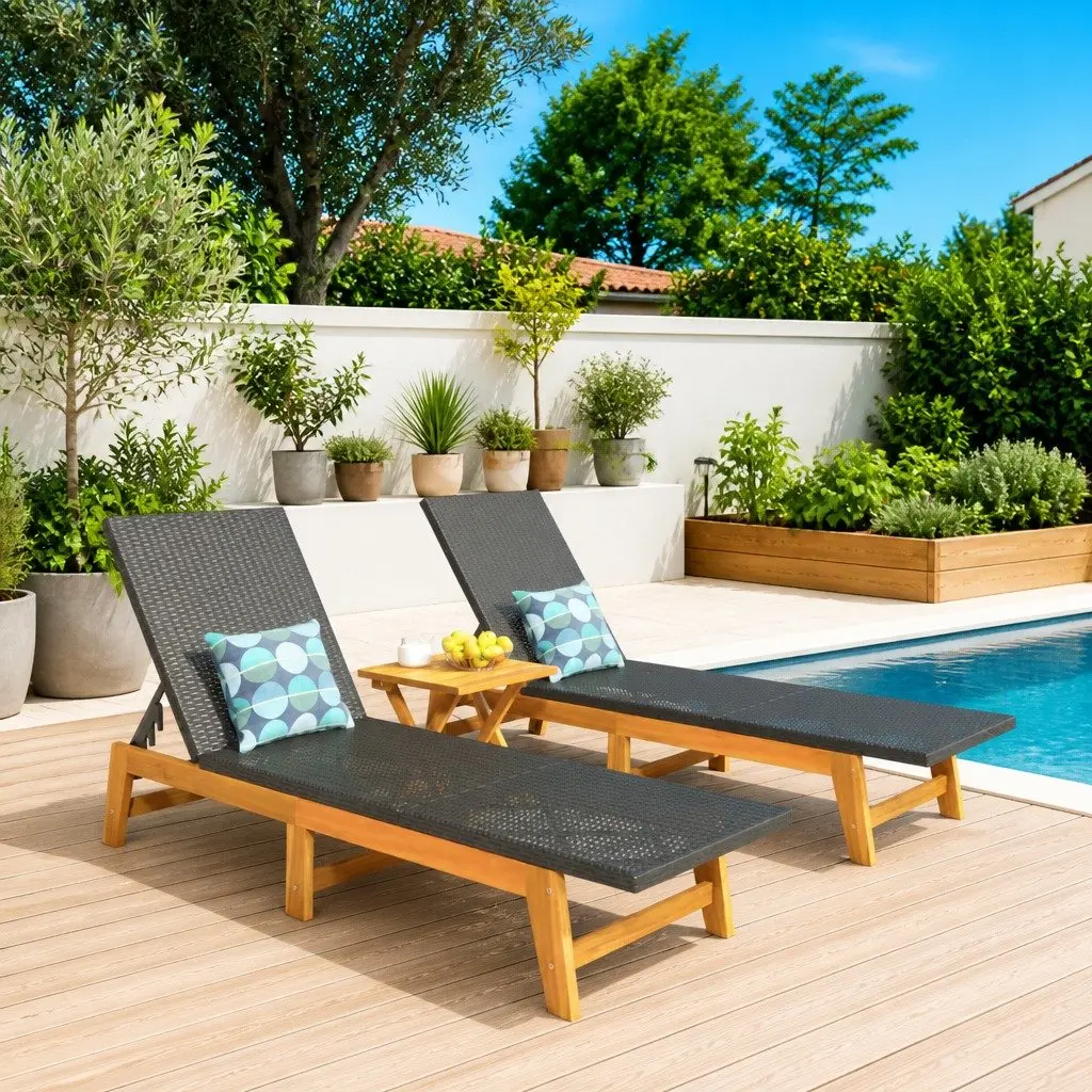 Sun Lounger Black 2 Piece Set Poly Rattan Acacia Wood Adjustable Backrest