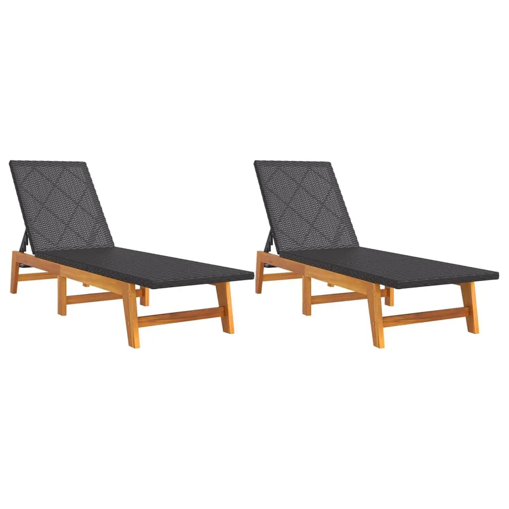 Sun Lounger Black 2 Piece Set Poly Rattan Acacia Wood Adjustable Backrest