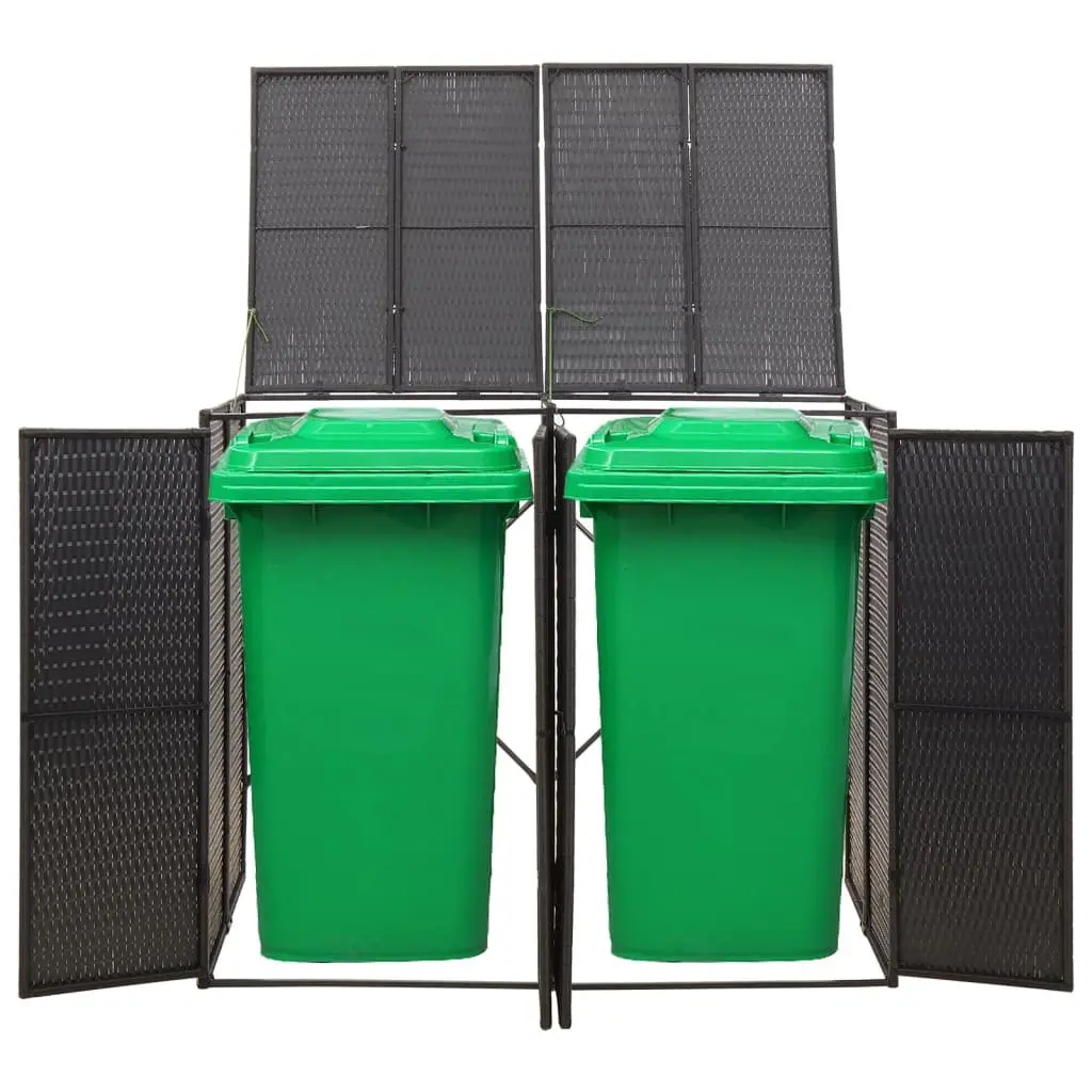 Double Wheelie Bin Shed Outdoor Storage Black Poly Rattan with Hinged Lid and Lockable Front Doors