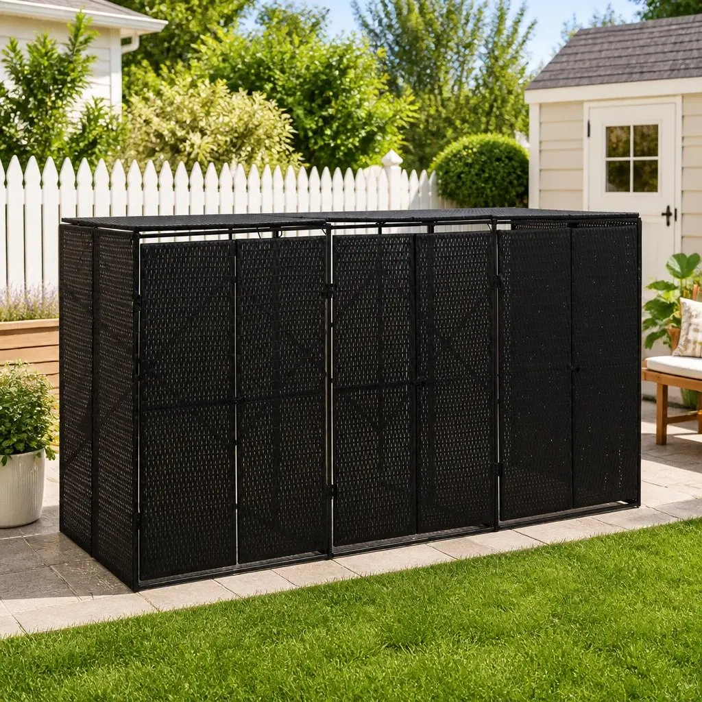 Triple Wheelie Bin Shed Black Poly Rattan Outdoor Storage Box with Hinged Lid and Lockable Front Doors