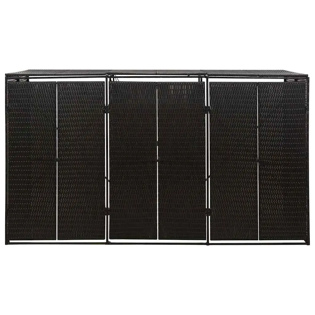 Triple Wheelie Bin Shed Black Poly Rattan Outdoor Storage Box with Hinged Lid and Lockable Front Doors