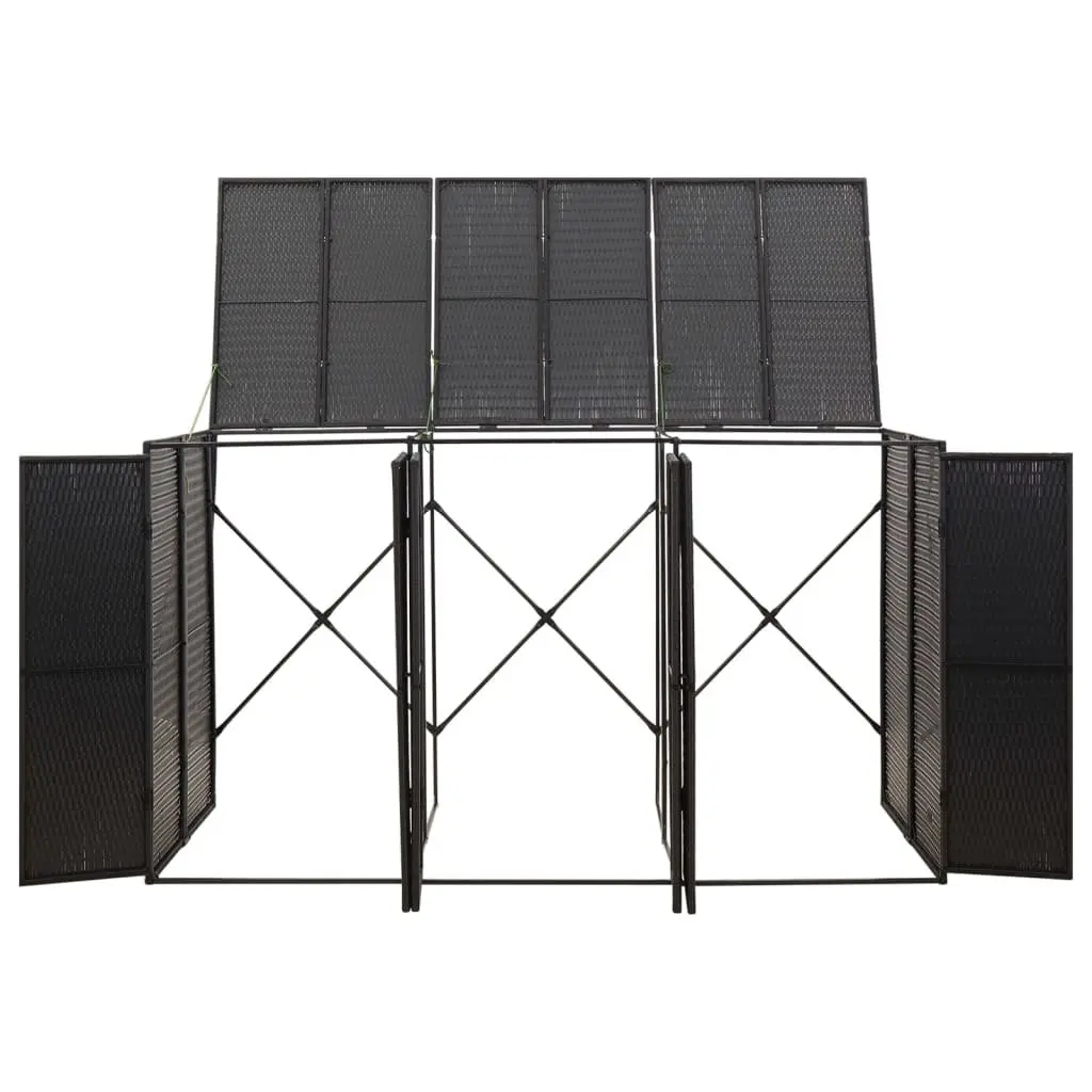 Triple Wheelie Bin Shed Black Poly Rattan Outdoor Storage Box with Hinged Lid and Lockable Front Doors