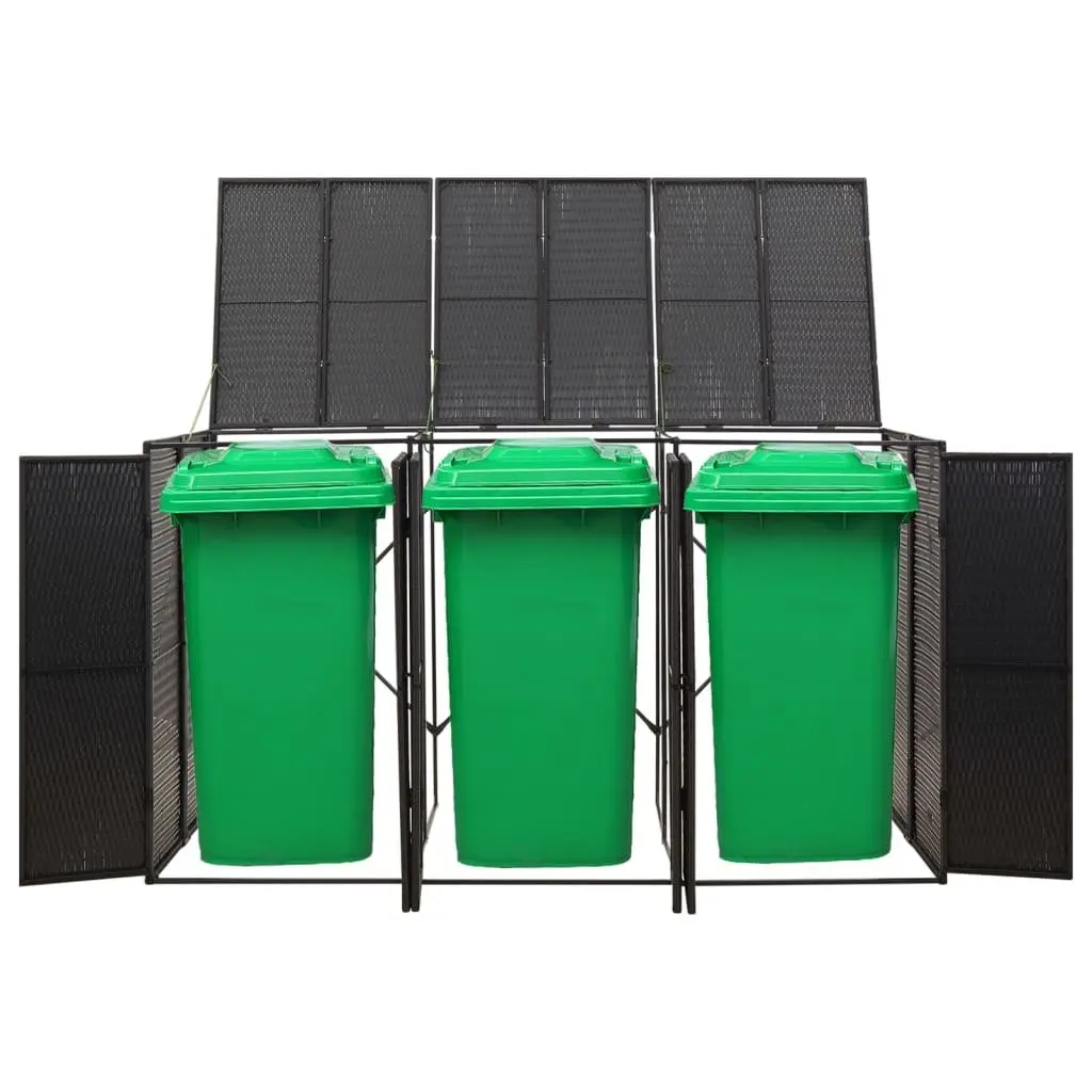 Triple Wheelie Bin Shed Black Poly Rattan Outdoor Storage Box with Hinged Lid and Lockable Front Doors