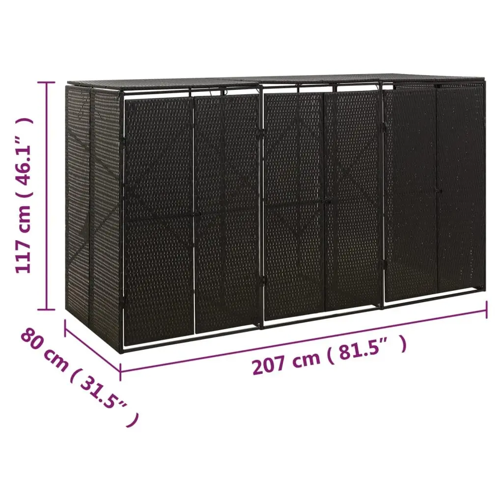 Triple Wheelie Bin Shed Black Poly Rattan Outdoor Storage Box with Hinged Lid and Lockable Front Doors