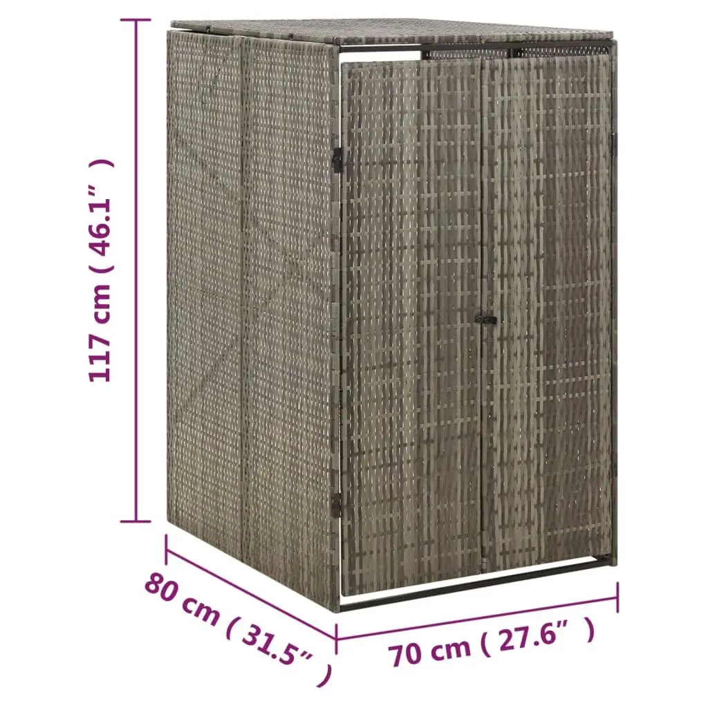Single Wheelie Bin Shed Grey 70x80x117cm Poly Rattan Outdoor Storage with Hinged Lid and Lockable Front Doors