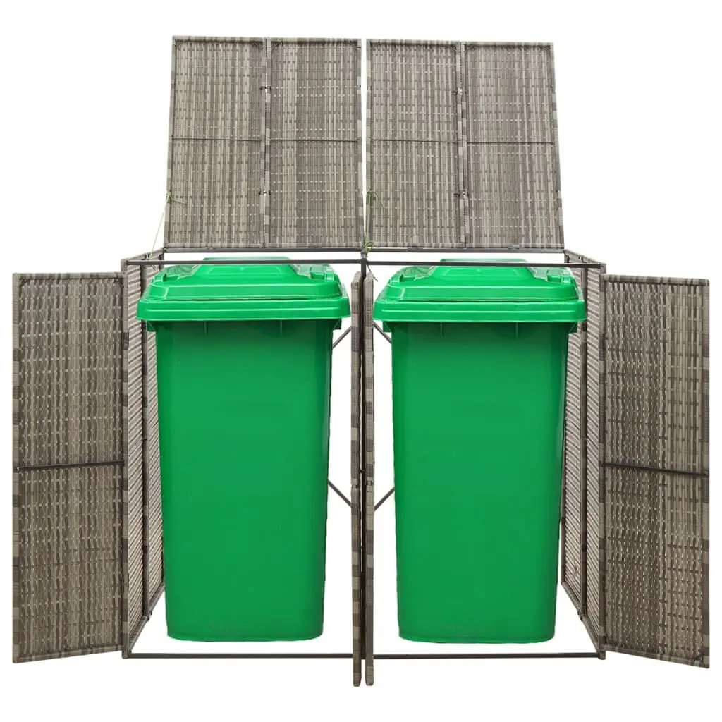 Double Wheelie Bin Shed Grey Outdoor Storage Durable Poly Rattan Hinged Lid