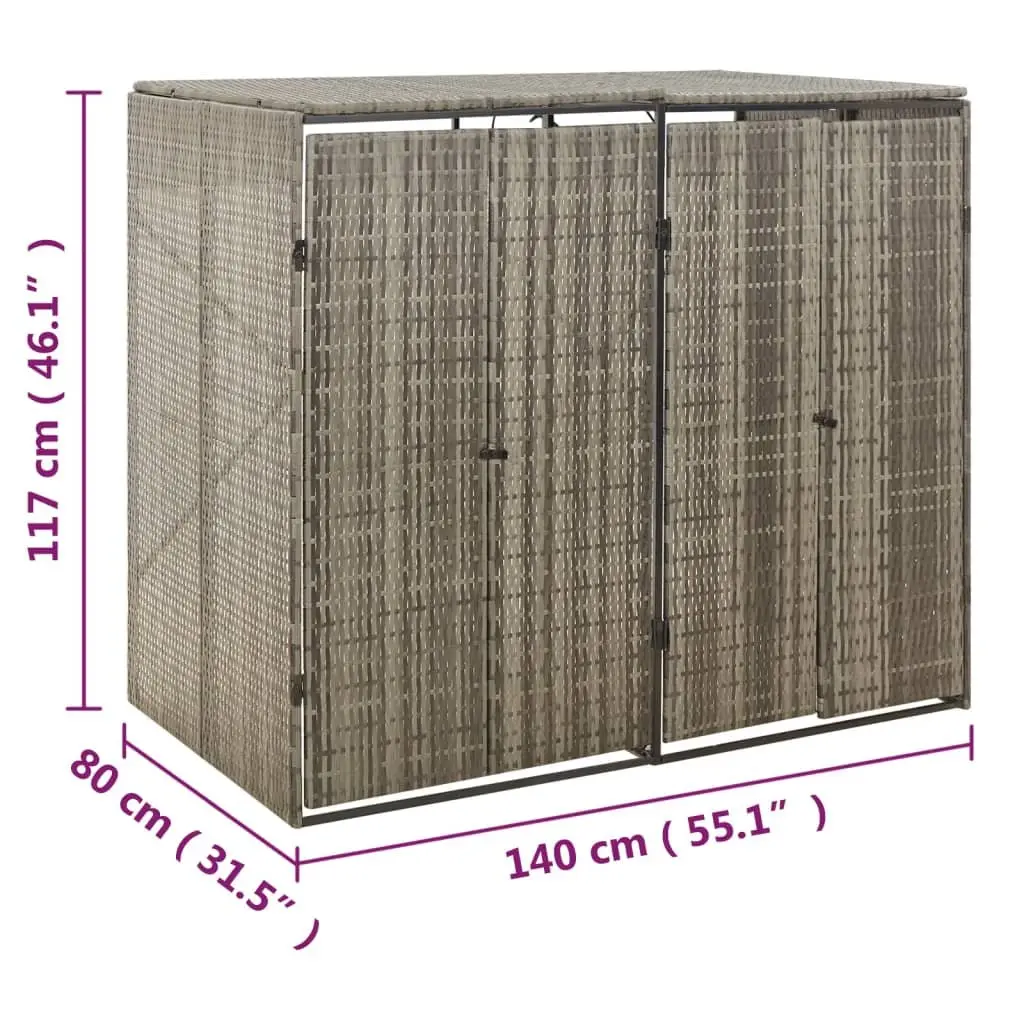 Double Wheelie Bin Shed Grey Outdoor Storage Durable Poly Rattan Hinged Lid