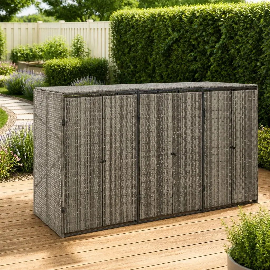 Triple Wheelie Bin Shed Grey Poly Rattan Outdoor Storage Enclosure