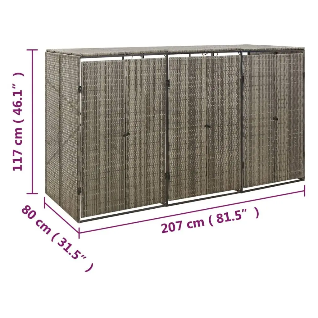 Triple Wheelie Bin Shed Grey Poly Rattan Outdoor Storage Enclosure