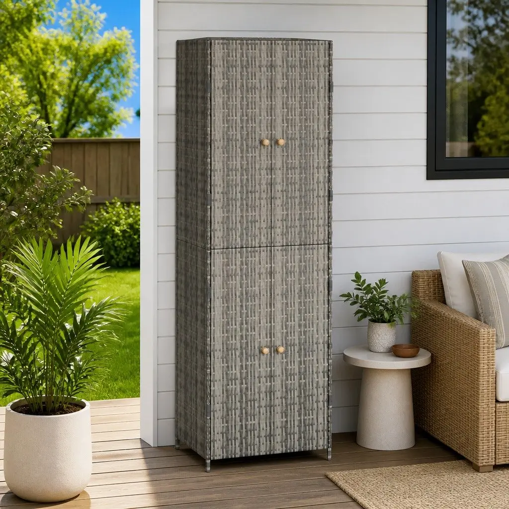 Garden Storage Cabinet Grey Poly Rattan 4 Compartment Weather Resistant Outdoor Shed
