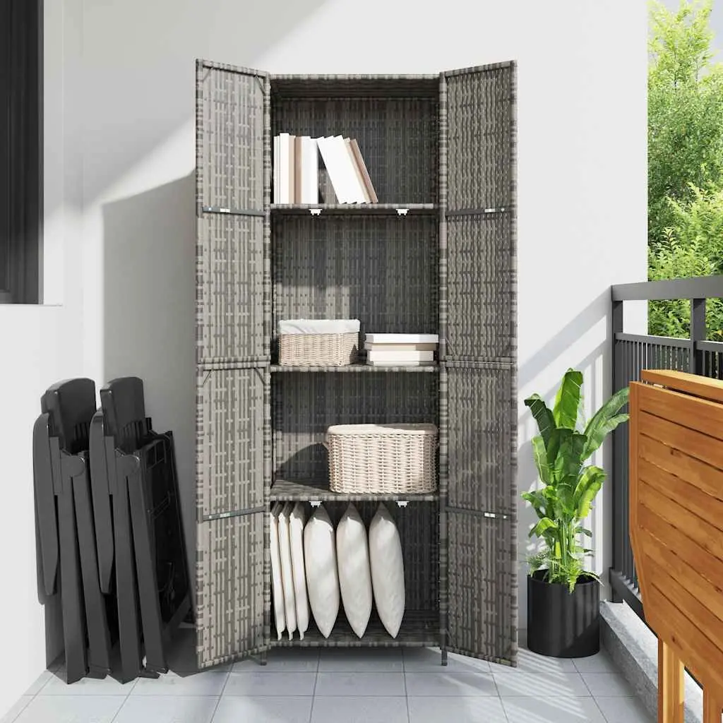 Garden Storage Cabinet Grey Poly Rattan 4 Compartment Weather Resistant Outdoor Shed