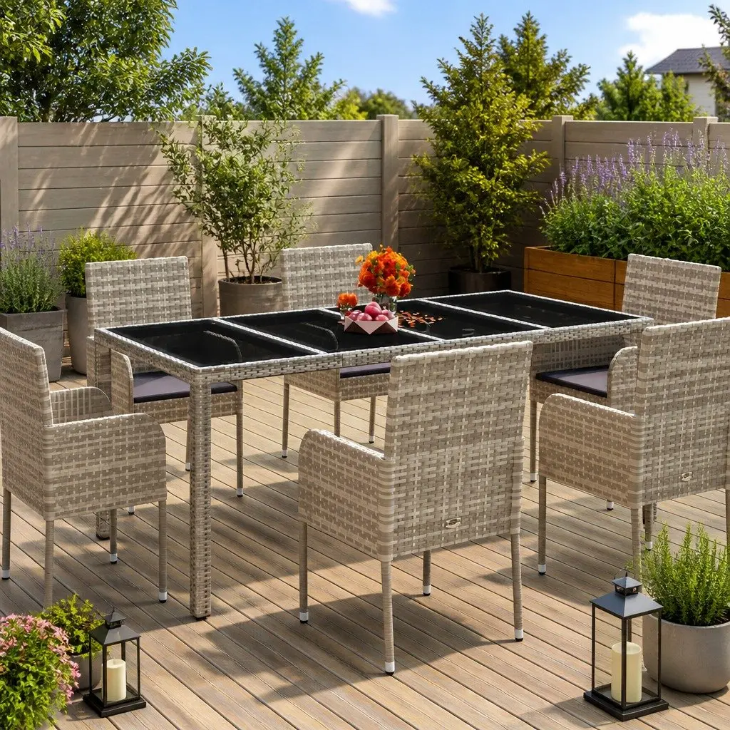 Grey Outdoor Garden Table with Glass Top