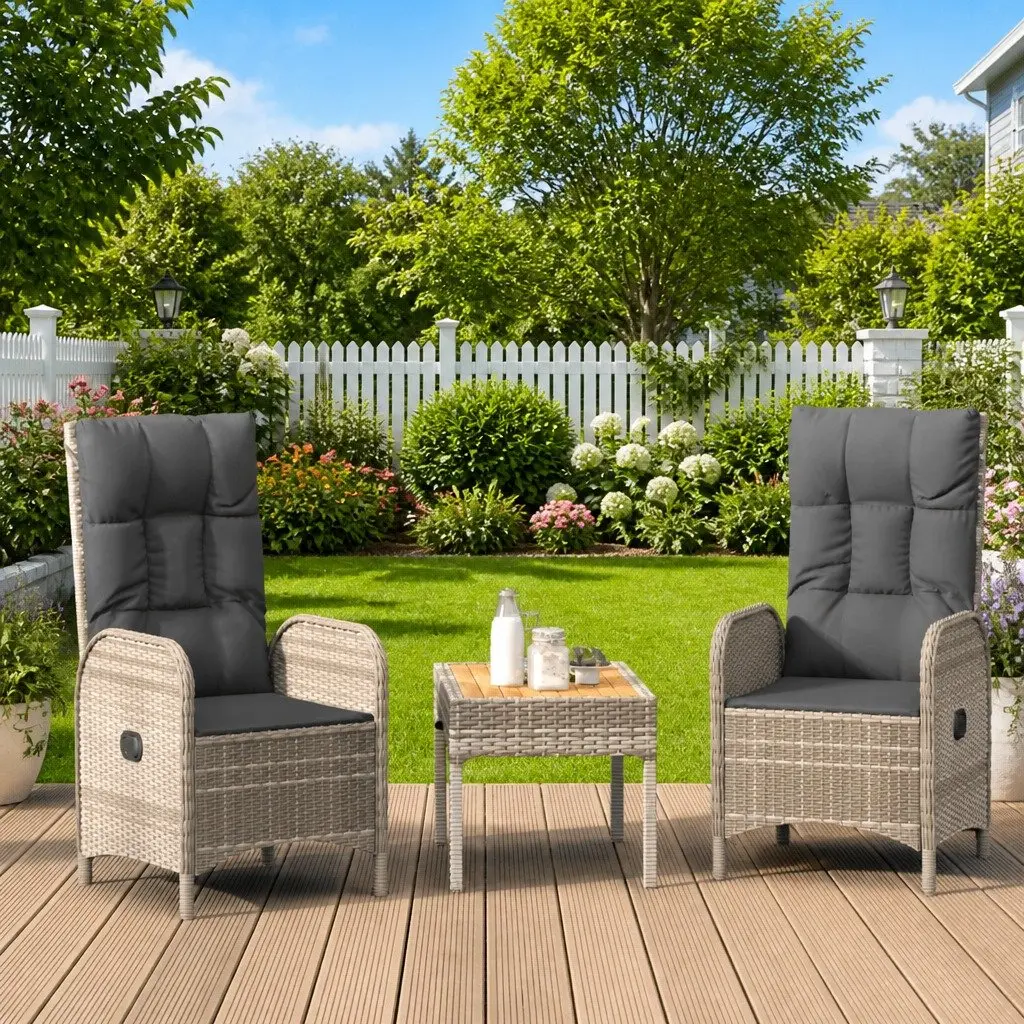 Garden Lounge Set Grey 3 Piece Poly Rattan Outdoor Furniture with Reclining Chairs and Cushions