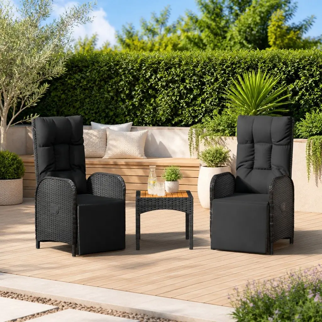 Outdoor Reclining Chairs Set Black Poly Rattan 2 Piece Adjustable Backrest with Cushions