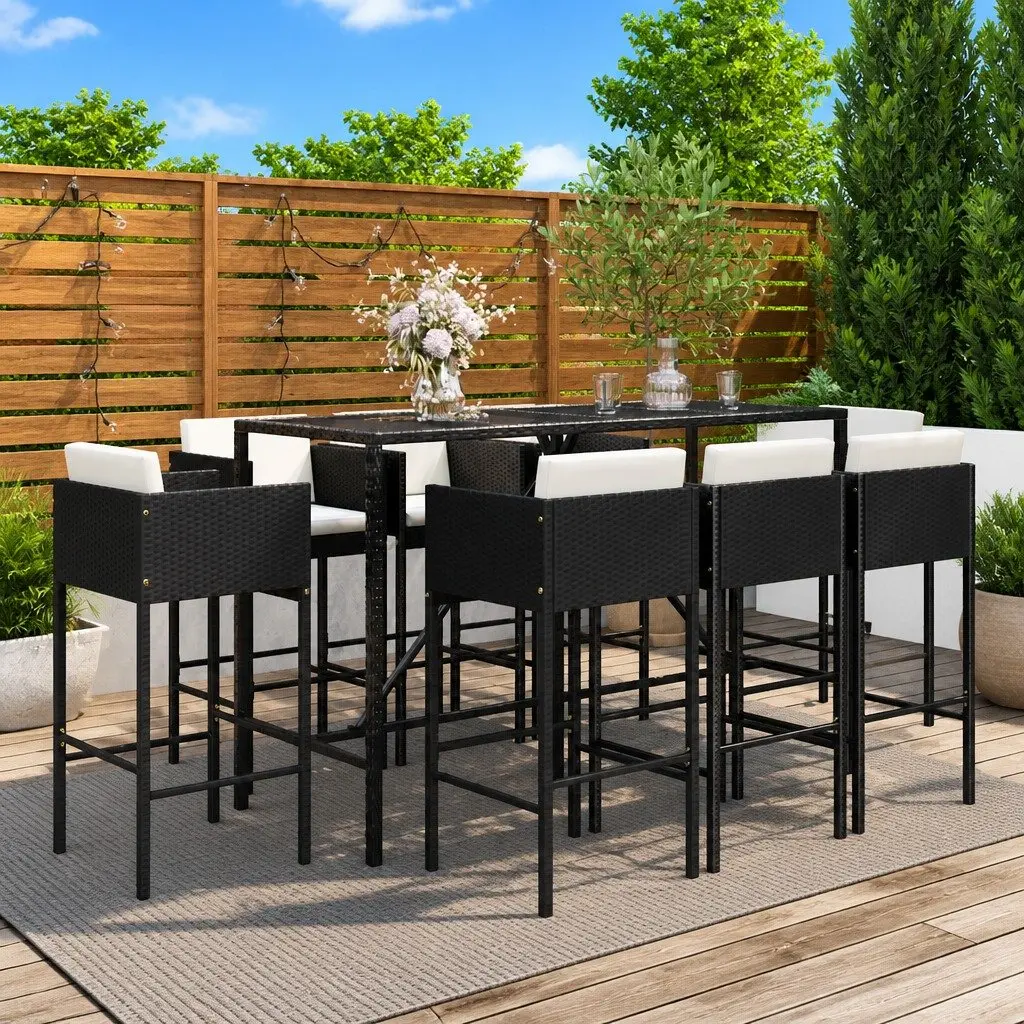 Outdoor Garden Bar Set Black 9 Piece Weather Resistant PE Rattan Patio Furniture with Cushions