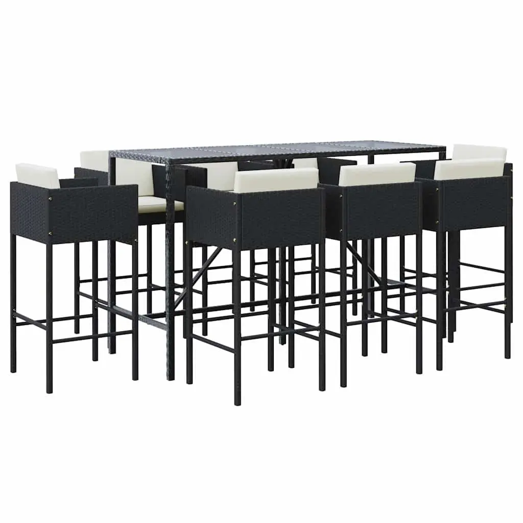 Outdoor Garden Bar Set Black 9 Piece Weather Resistant PE Rattan Patio Furniture with Cushions