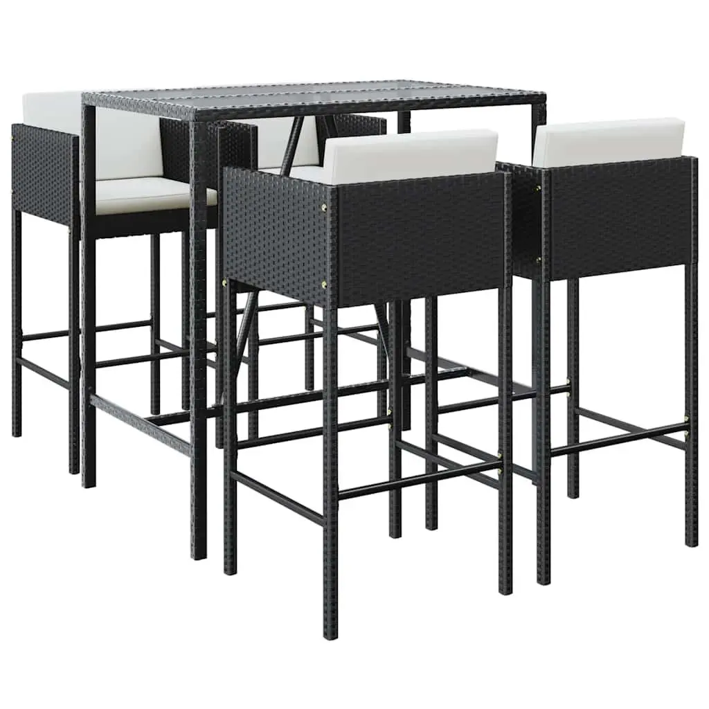 Black Poly Rattan 5 Piece Garden Bar Set with Cushioned Stools Weather Resistant Patio Furniture