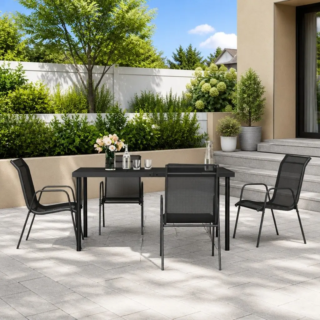 5 Piece Garden Dining Set Glass Table Black Steel Textilene Chairs Weather-Resistant for Outdoor Patio or Balcony