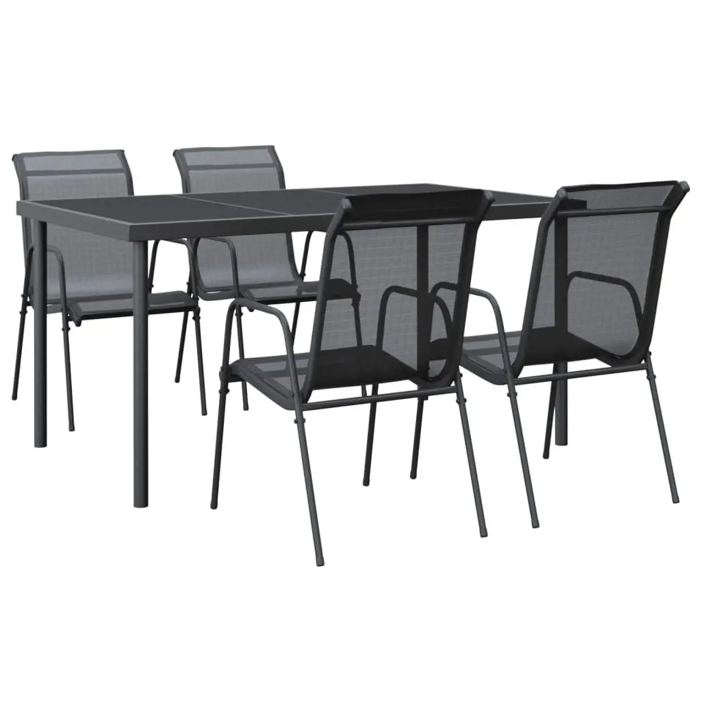 5 Piece Garden Dining Set Glass Table Black Steel Textilene Chairs Weather-Resistant for Outdoor Patio or Balcony
