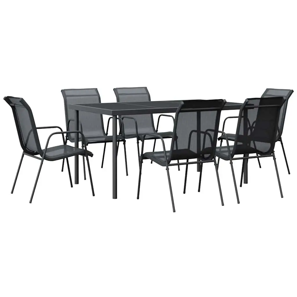 Garden Dining Set 7 Piece Black Steel Armchairs Table Textilene Outdoor Patio