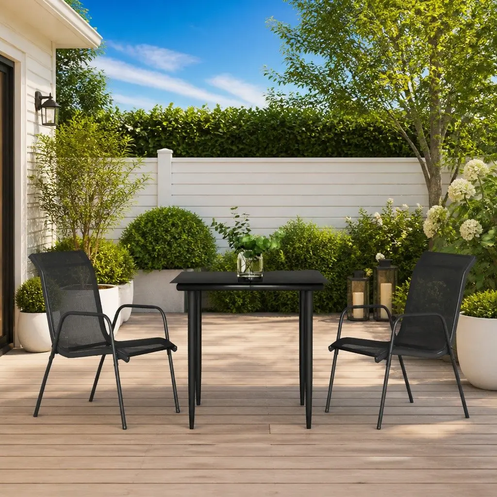Garden Dining Set Black 3 Piece Outdoor Furniture Steel Textilene Armchairs