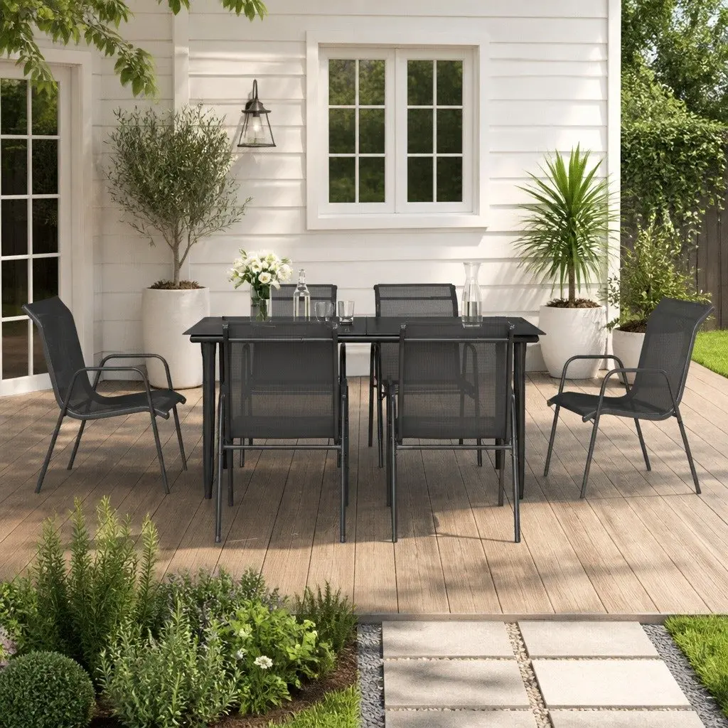 Garden Dining Set 7 Piece Outdoor Furniture Black Steel Armchairs Table Patio