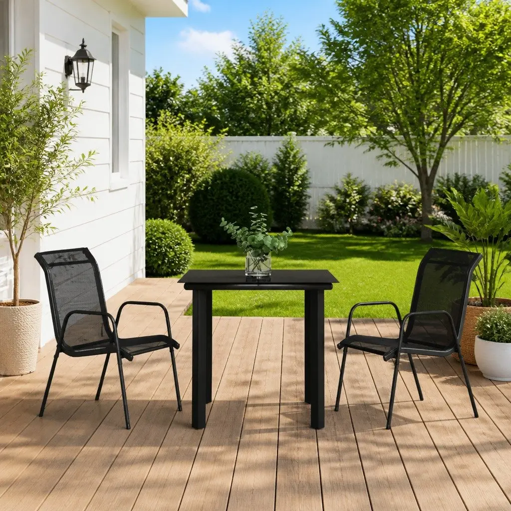 Garden Dining Set 3 Piece Outdoor Furniture Black Steel Textilene Armchairs