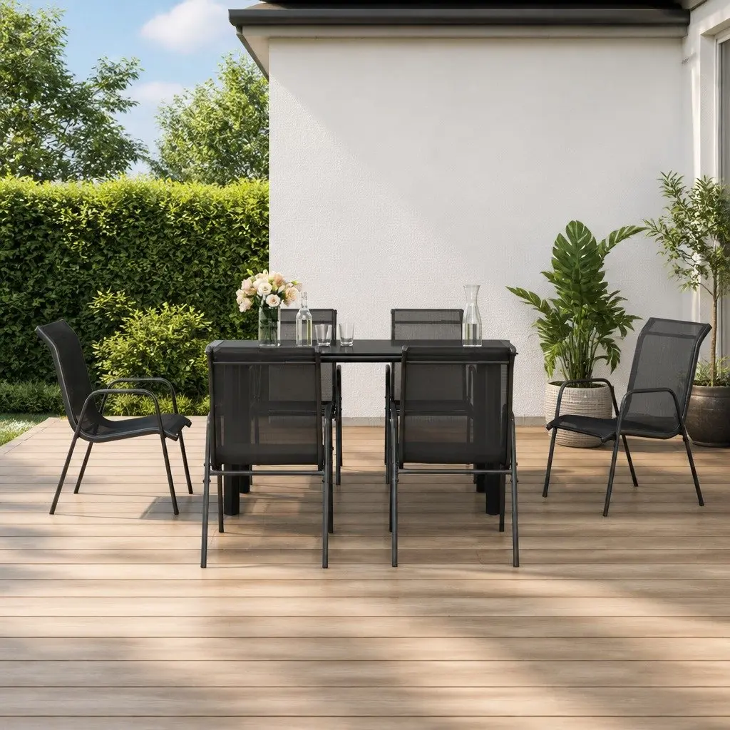 Garden Dining Set 7 Piece Outdoor Furniture Black Steel Textilene Chairs Table