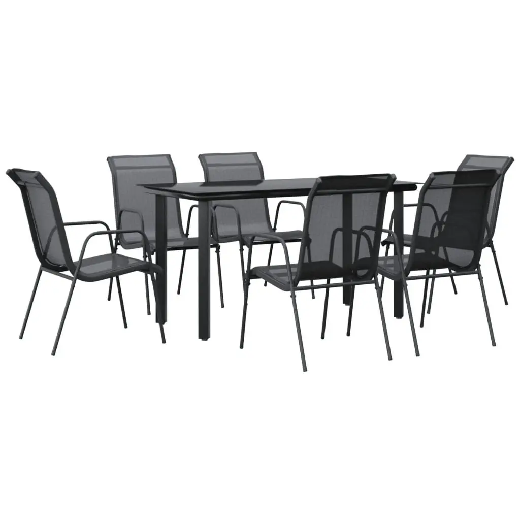 Garden Dining Set 7 Piece Outdoor Furniture Black Steel Textilene Chairs Table