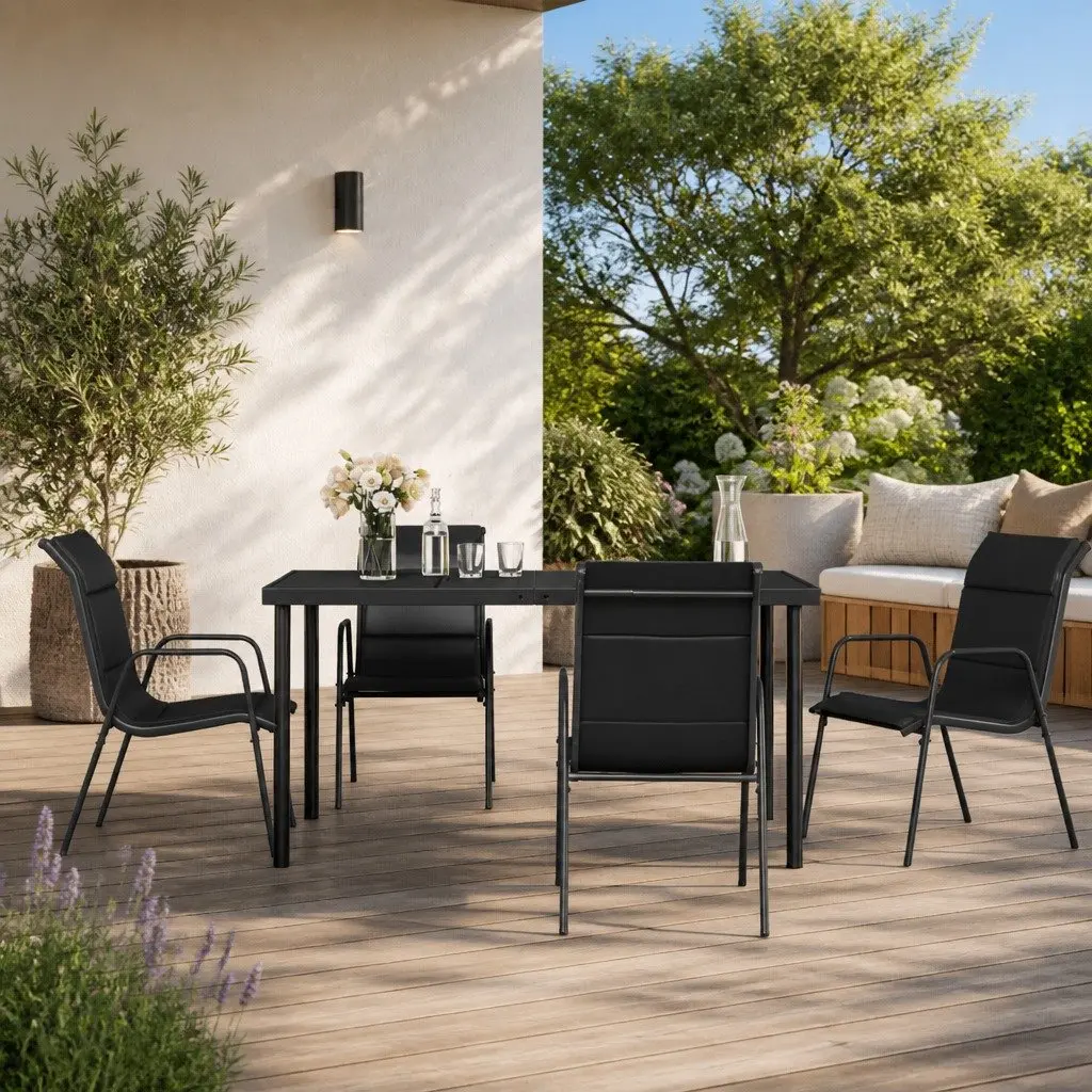 Garden Dining Set 5 Piece Outdoor Furniture Black Steel Textilene Chairs Table
