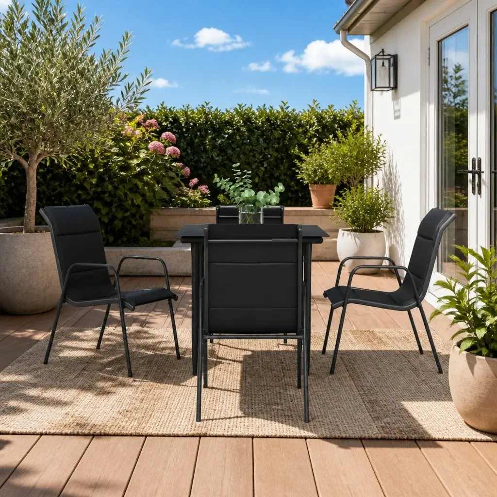Garden Dining Set 5 Piece Outdoor Furniture Black Steel Textilene Chairs Table