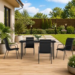 Garden Dining Set 5 Piece Outdoor Furniture Table Chairs Black Steel Textilene