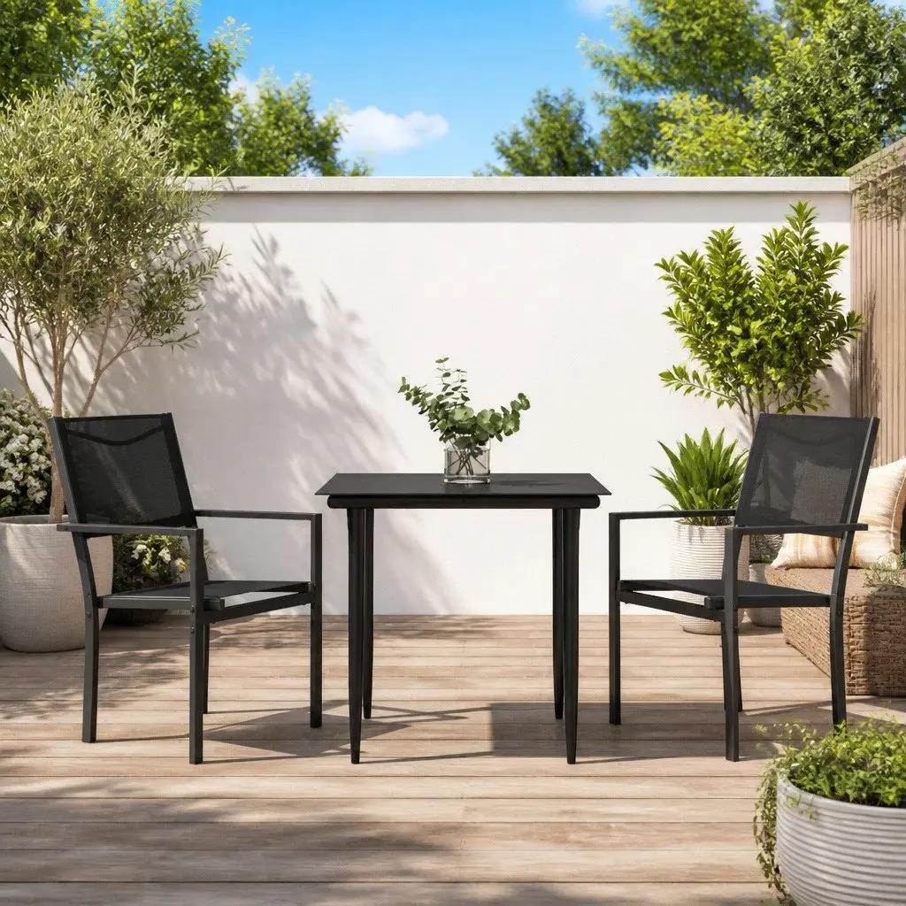 Garden Dining Set Black 3 Piece Outdoor Table Chairs Steel Textilene