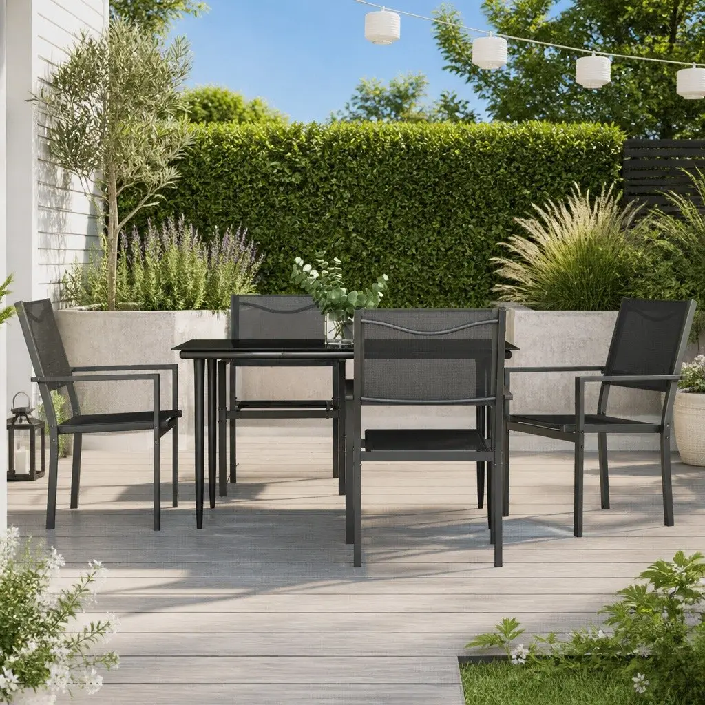 Garden Dining Set Black 5 Piece Outdoor Furniture Steel Chairs Table Patio