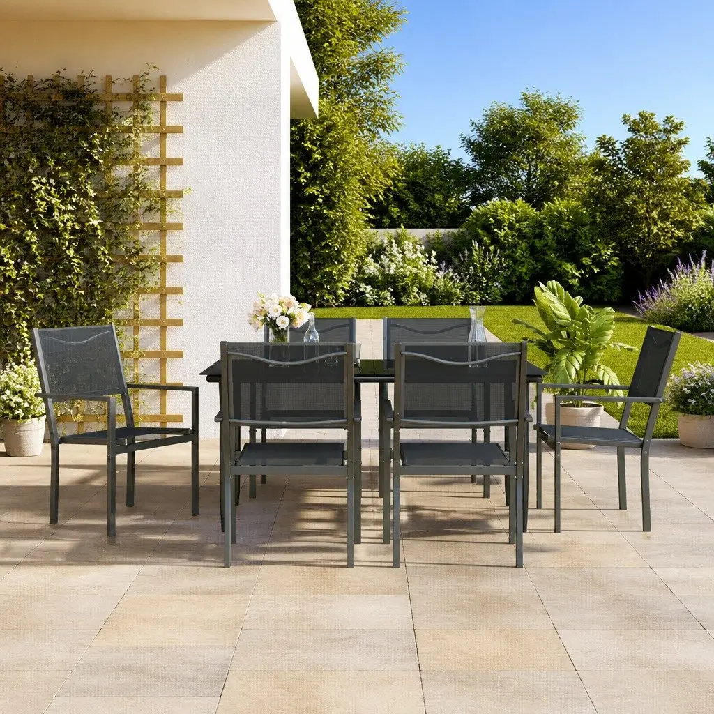 Garden Dining Set 7 Piece Outdoor Furniture Black Steel Textilene Chairs Table