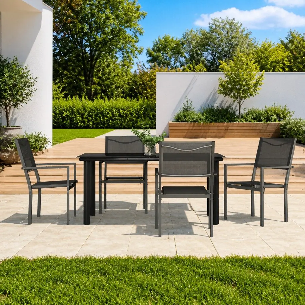 Garden Dining Set Black 5 Piece Outdoor Furniture Steel Chairs Table Patio