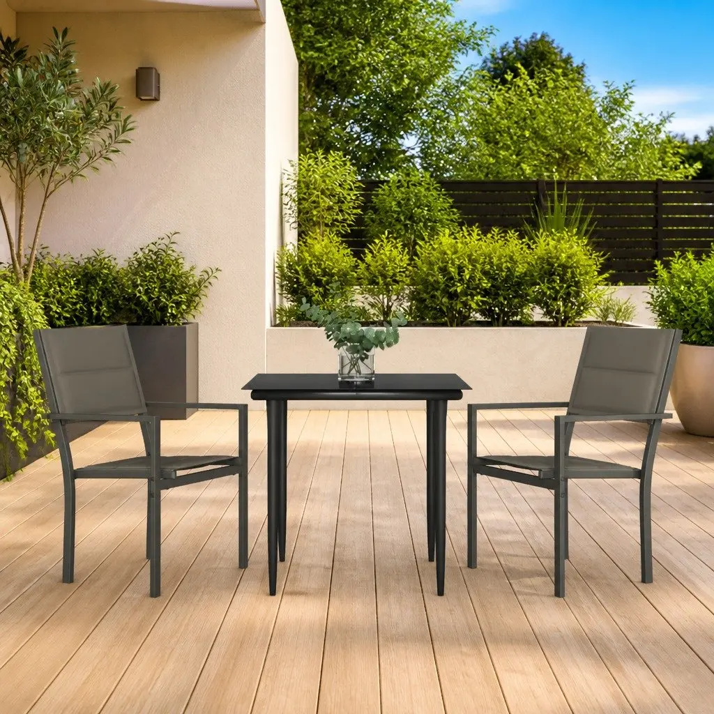 Garden Dining Set 3 Piece Outdoor Furniture Black Steel Textilene Chairs Table
