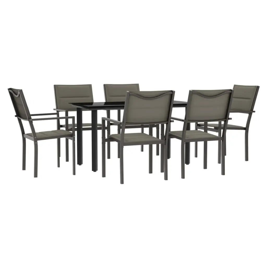 7 Piece Outdoor Dining Set Black Steel Textilene Chairs Glass Table Patio
