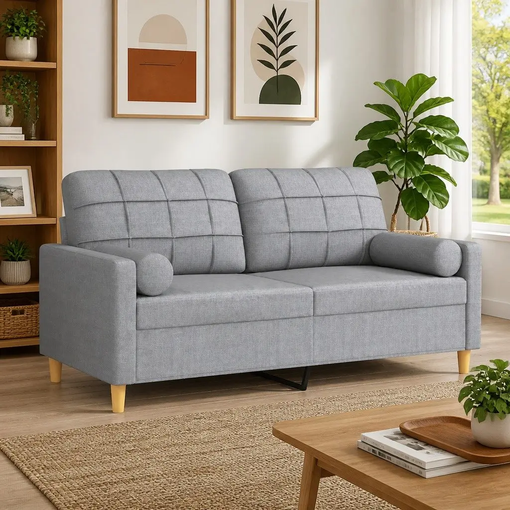 2-Seater Sofa Light Grey Fabric Modern Couch with Removable Pillows