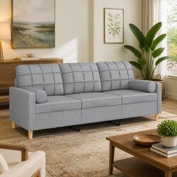 3-Seater Sofa Modern Design Light Grey Fabric Lounge Couch with Throw Pillows