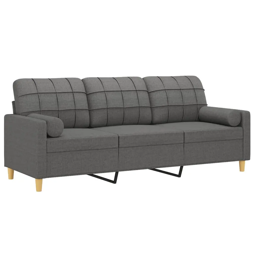 3-Seater Sofa Grey Fabric 180cm Modern Lounge with Throw Pillows
